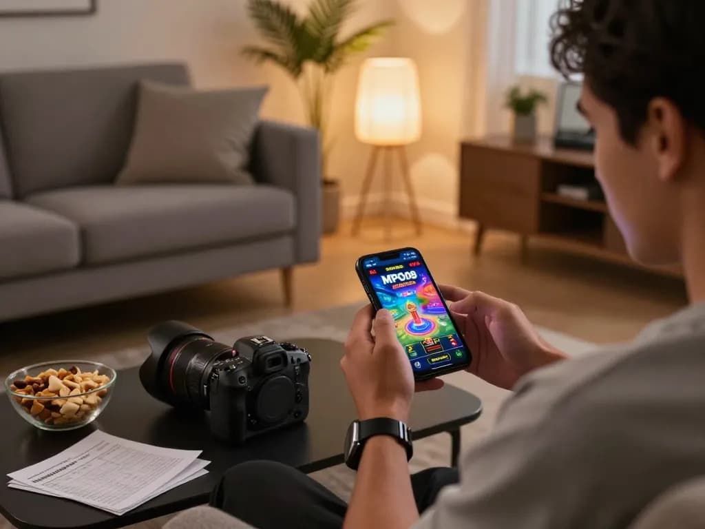 MPO08 app used on smartphone by gamer in a cozy home setting while managing bankroll effectively.