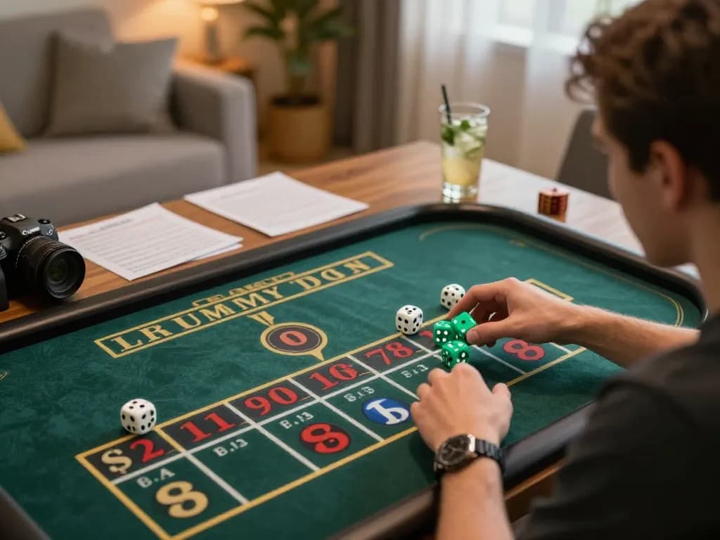 Player engaging in Judi Dadu at home online, showcasing vibrant dice and betting strategy.