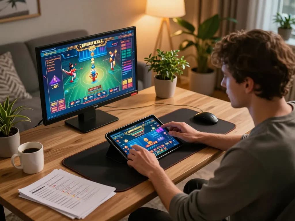 Toto8 link alternatif user engaging with online gaming tablet, showcasing vibrant casino action