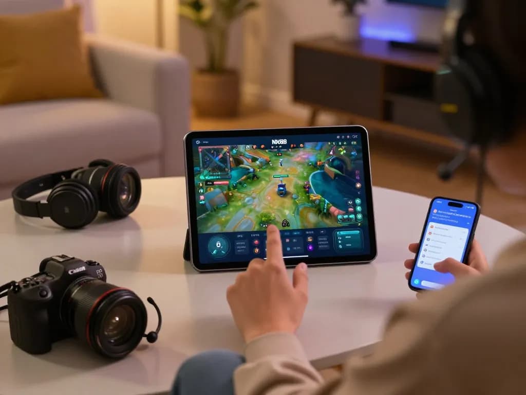 User enjoying the NK88 app on a tablet, engaging with vibrant gaming content, perfect for đăng ký nk88 enthusiasts.