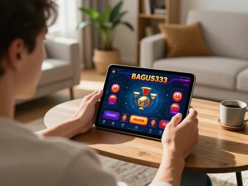 Terlibat dalam permainan dinamis dengan aplikasi kasino BAGUS333 di tablet, terbenam dalam lingkungan permainan di rumah.