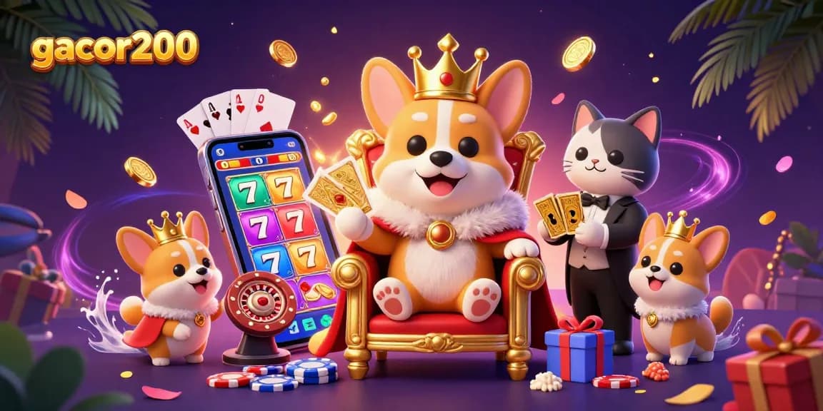 Engage with gacor200's vibrant slots experience featuring a royal corgi surrounded by cheerful gaming elements.