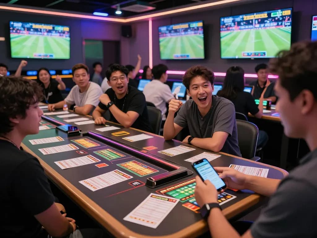 Tỷ Lệ Bóng Đá betting scene with fans placing wagers in an energetic sports lounge