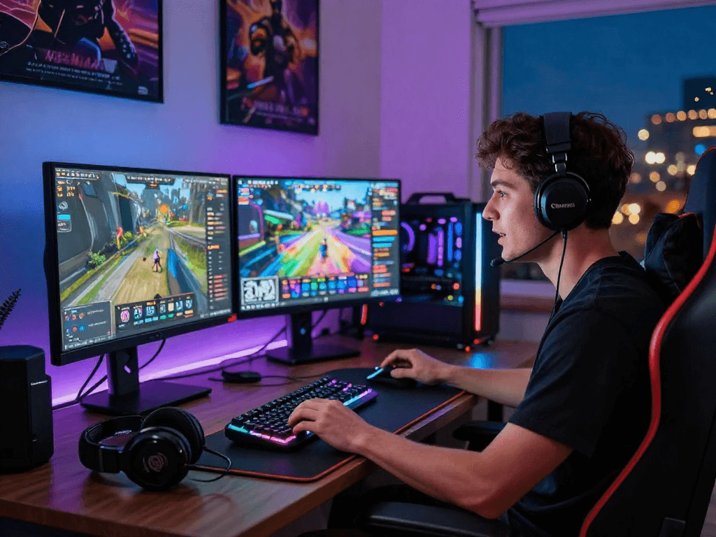 Inspiring gaming scene at mpocash.blog with an excited gamer, dual monitors, and vibrant RGB lighting.