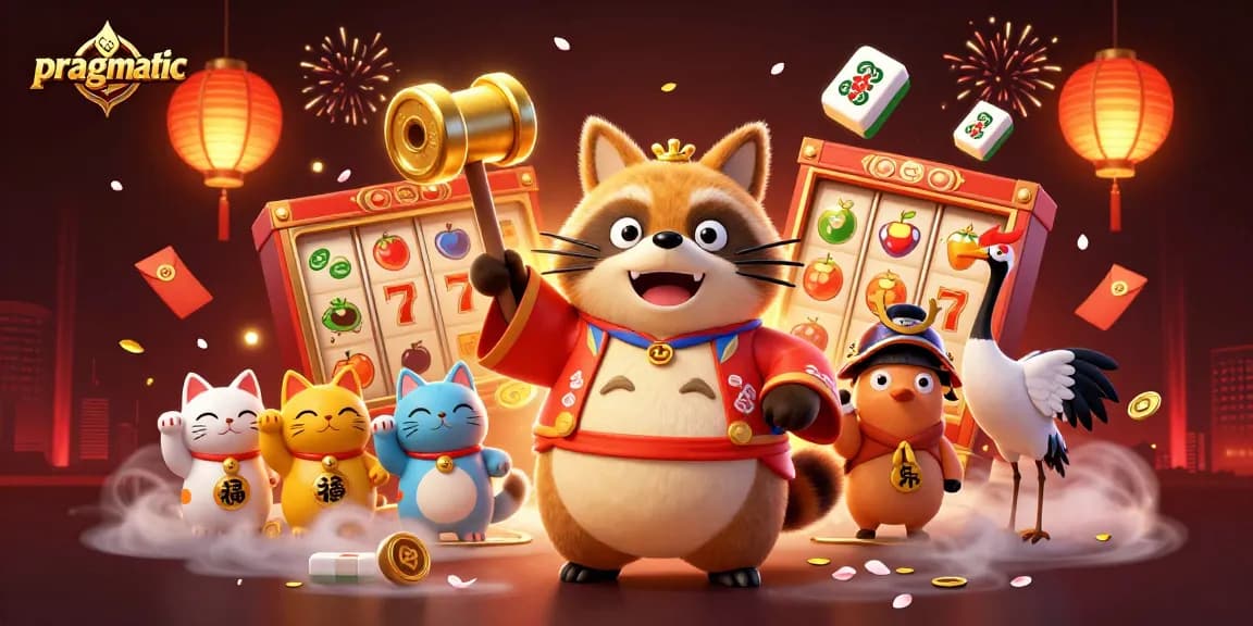 Engage in pragmatic slot gaming fun with a cheerful tanuki amidst vibrant casino graphics.