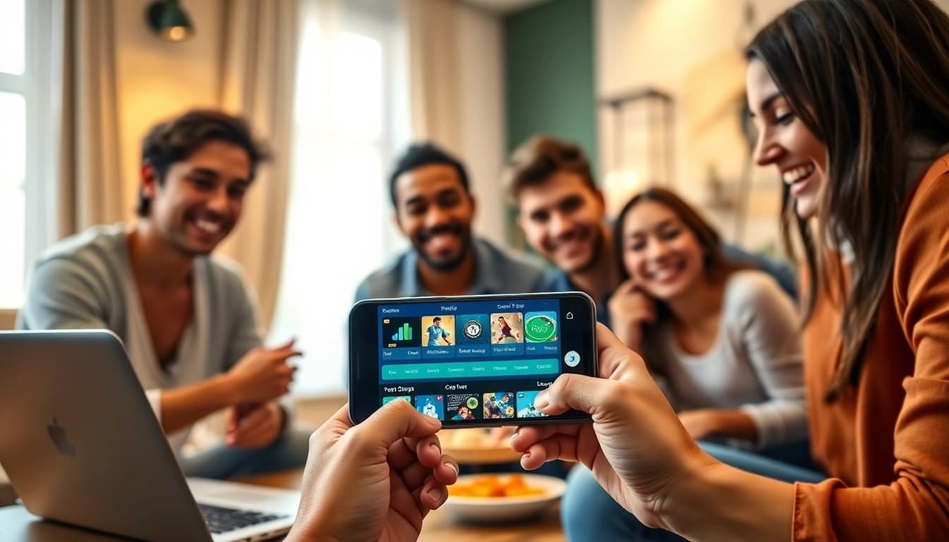 Engaging scene of diverse friends enjoying the nhacaiuytin.us.com betting app, showcasing excitement and trust.