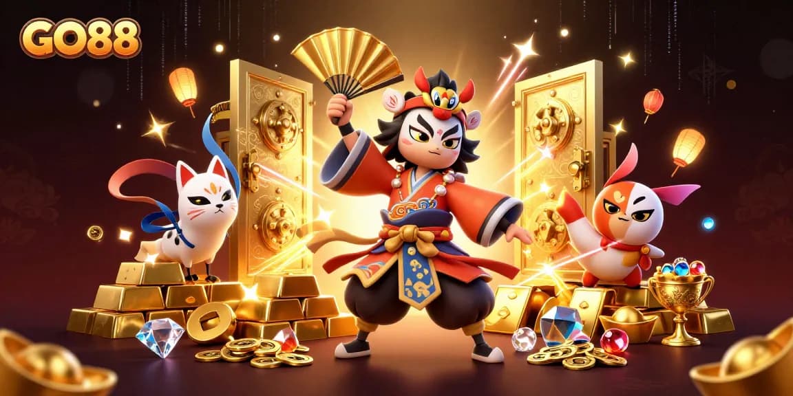 Experience GO88’s vibrant casino atmosphere with golden treasures and dynamic characters.