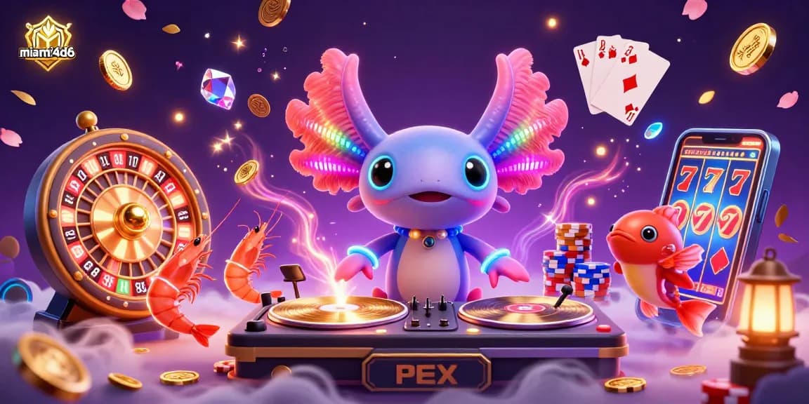 Experience the excitement of miami4d6 with a vibrant illustration featuring a neon-colored DJ and casino symbols.