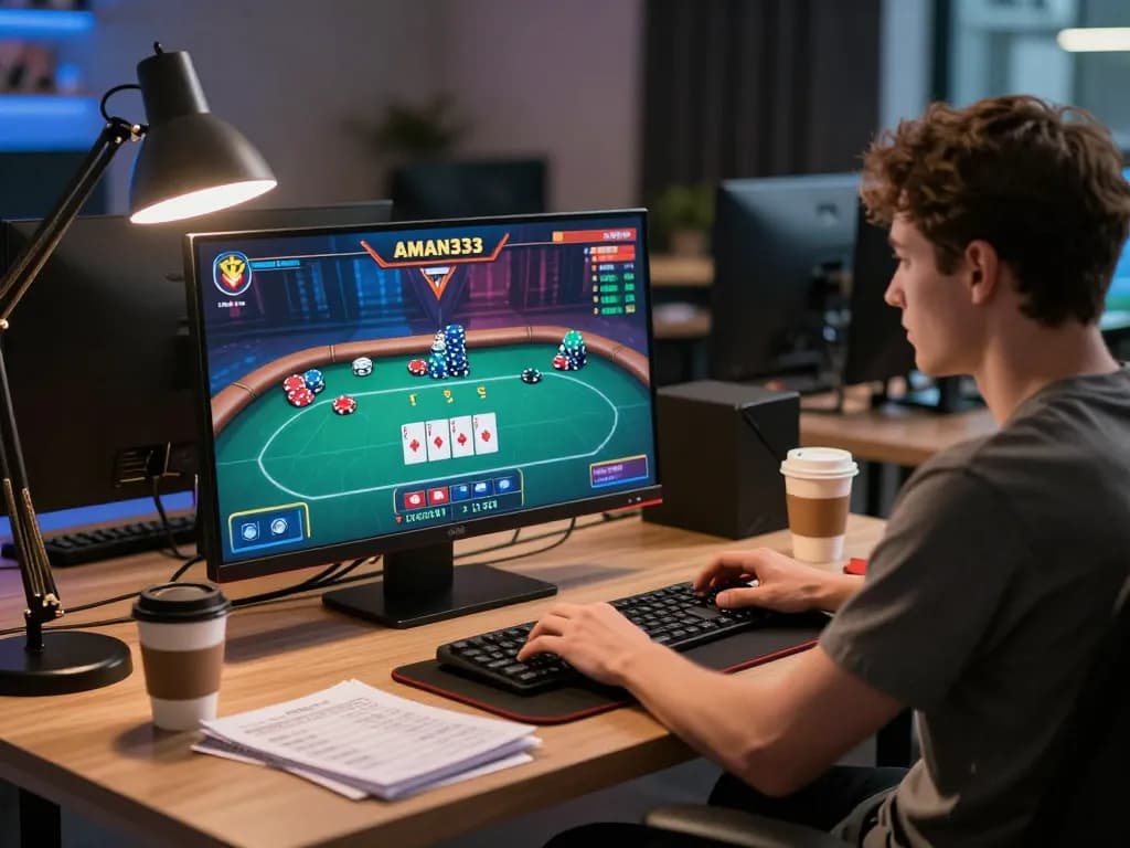 Pemain menikmati permainan daring di platform AMAN333 dengan layar poker dan catatan strategi.