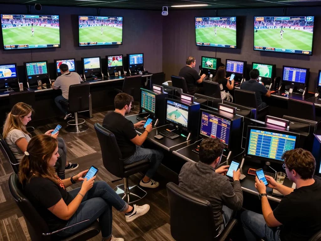Patrons engaging in real-time betting using nowgoal app in a modern sports lounge.