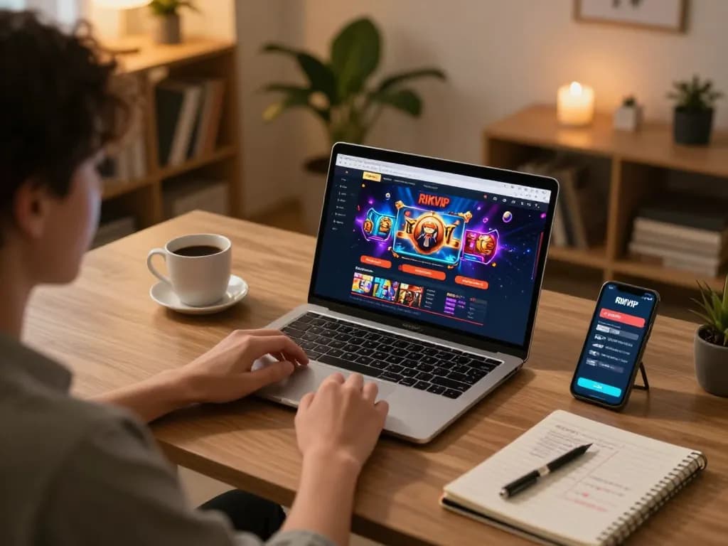 Player engaging with the RIKVIP online casino interface on a laptop, showcasing responsible gaming.