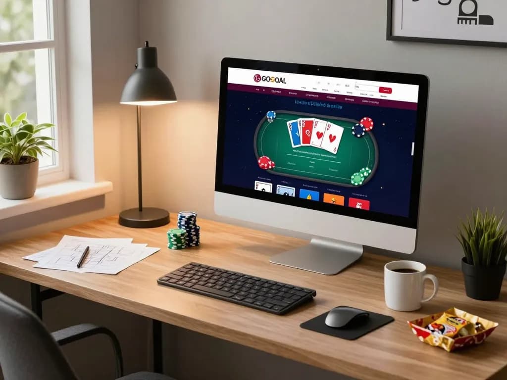 Gambler engaging with LGOGOAL online gaming interface, showing poker gameplay on a desktop.