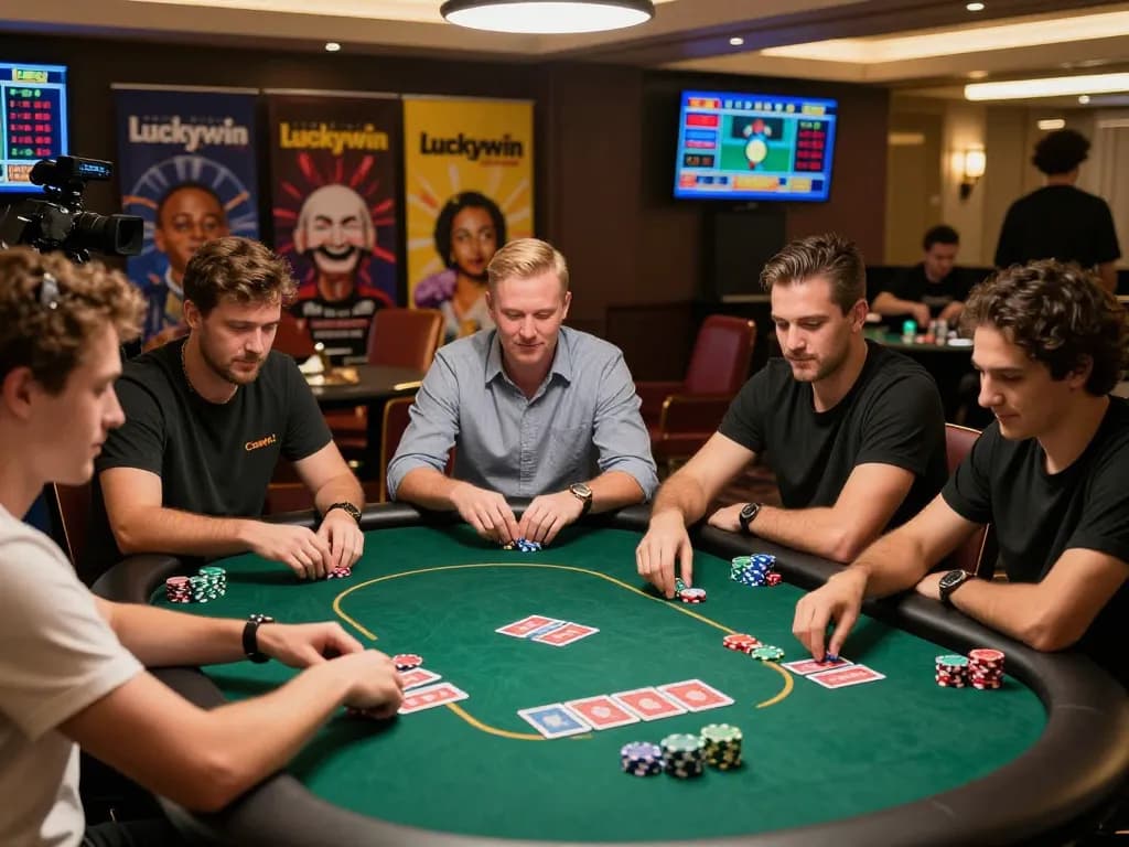 Exciting Luckywin gambling scene with players at a poker table in a vibrant casino atmosphere.