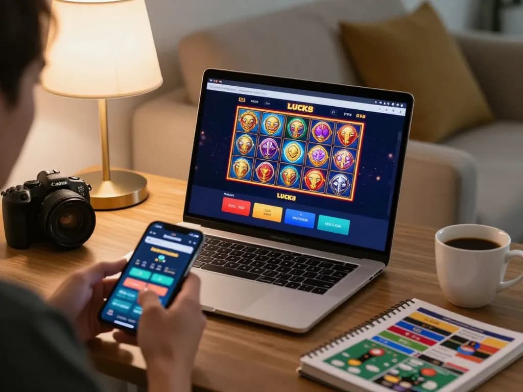 Trải nghiệm chơi game casino trực tuyến hấp dẫn với giao diện LUCK8 trên laptop, trình bày các trò chơi slot và poker đầy màu sắc