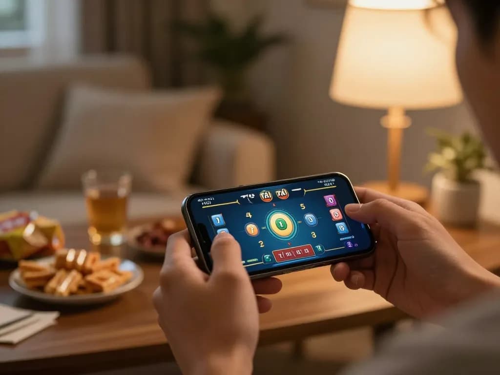 Enjoying Tài xỉu online while betting on a smartphone in a cozy home setting.