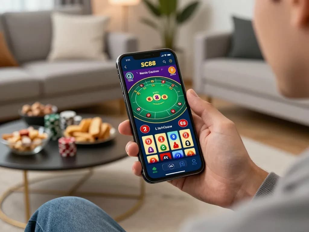 Player experiencing SC88 mobile casino app with blackjack game in cozy home setting.
