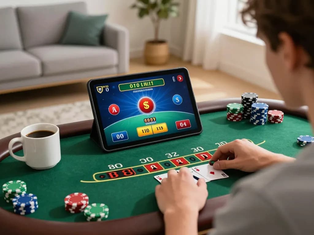 Pemain BOM88 menikmati permainan blackjack dealer langsung di tablet, menunjukkan kegembiraan taruhan strategis