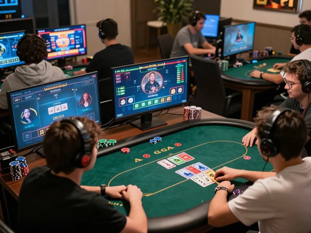 Players engaging in an intense online poker game at 888New, showcasing vibrant graphics and strategic betting