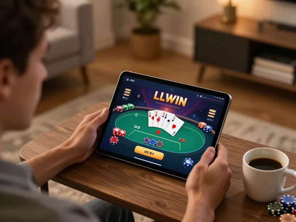 Engaged user playing poker on the LLWIN app, illustrating strategic online gambling.