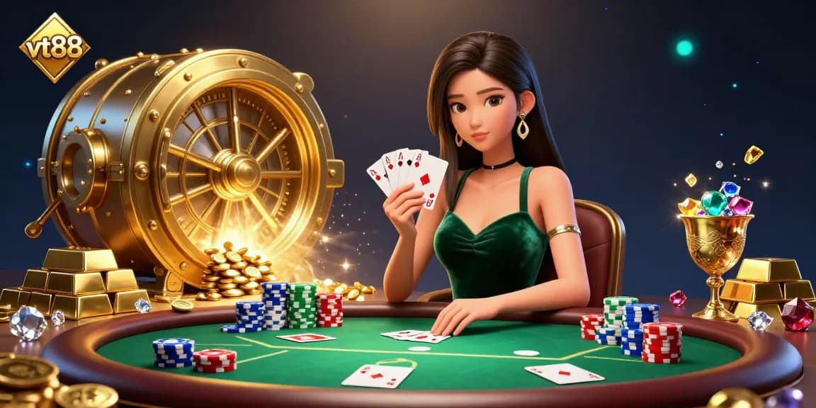 Experience the excitement of vt88 casino with a stunning Asian woman playing cards at a luxury table.