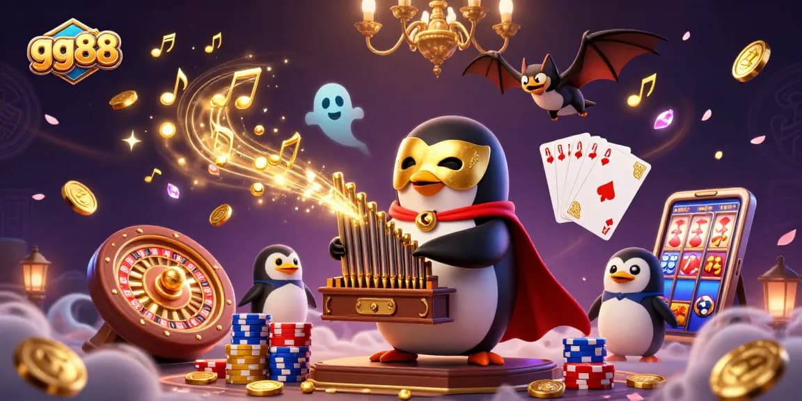 Experience thrilling gameplay at gg88 with a 3D phantom penguin surrounded by casino elements.