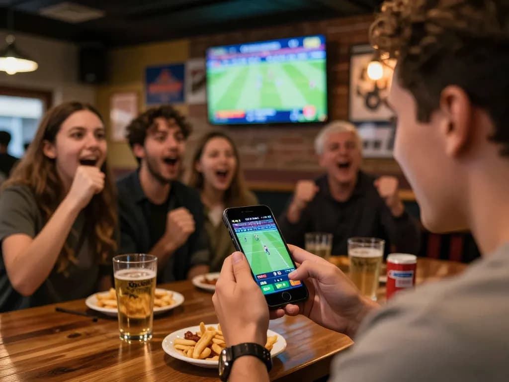 Engaged player using 888New app for live sports betting in a lively bar atmosphere
