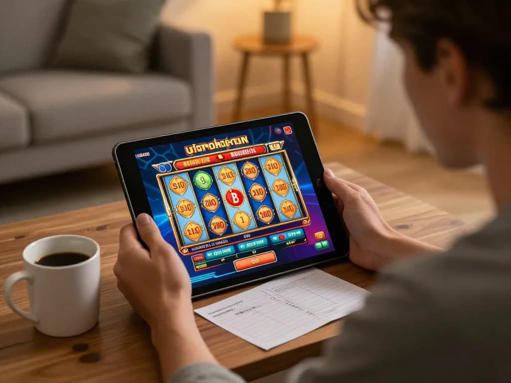 Player using a tablet to engage with sc88 online casino, enjoying a colorful slot game.