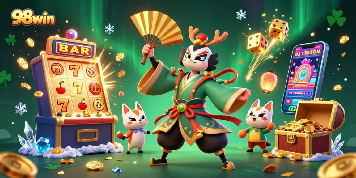Experience 98win action with a dazzling 3D scene of kabuki warriors, slots, and casino excitement.