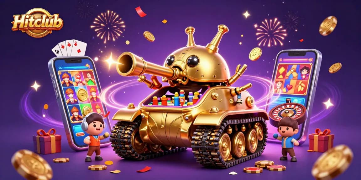Hitclub gamblers spin colorful slots within a golden beetle tank casino scene.