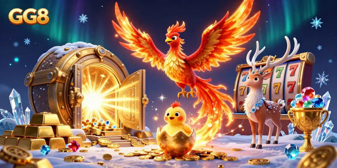 Engage in excitement with GG8 as a phoenix rises over a treasure-filled casino scene.