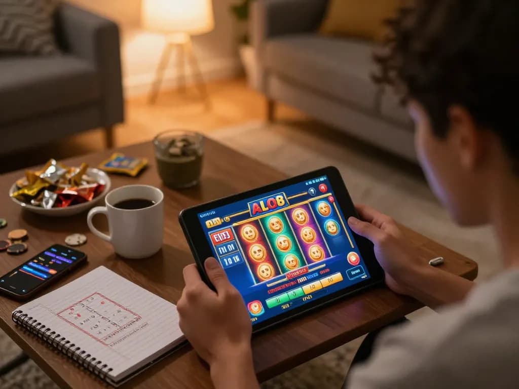 Playing ALO8 Live on a tablet in a cozy home gaming setup, featuring colorful game screens and strategy notes.