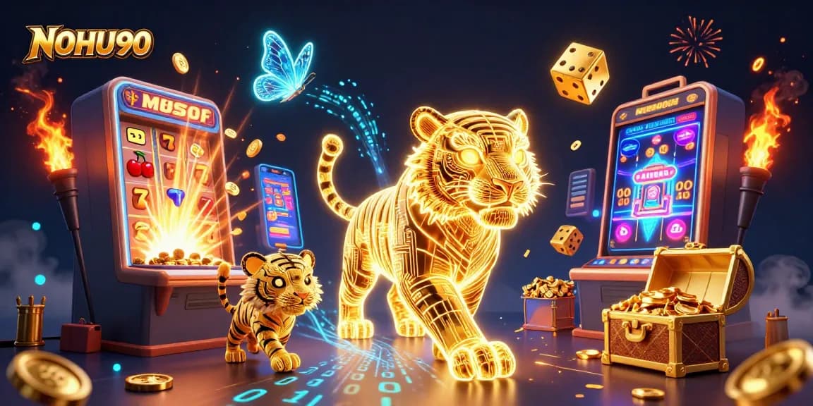 Experience the excitement of NOHU90 with a vibrant digital casino scene featuring a neon tiger, slots, and immersive gaming elements.