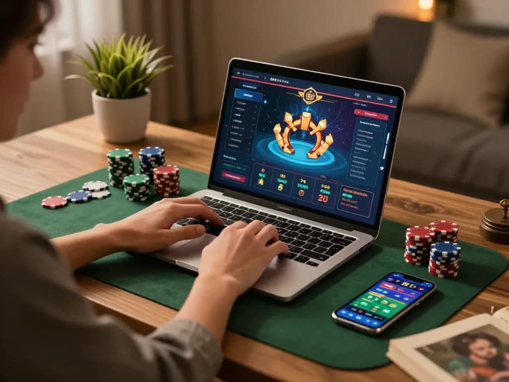 Engaging in online casino gameplay at home with dash88, highlighting strategic poker chip management.