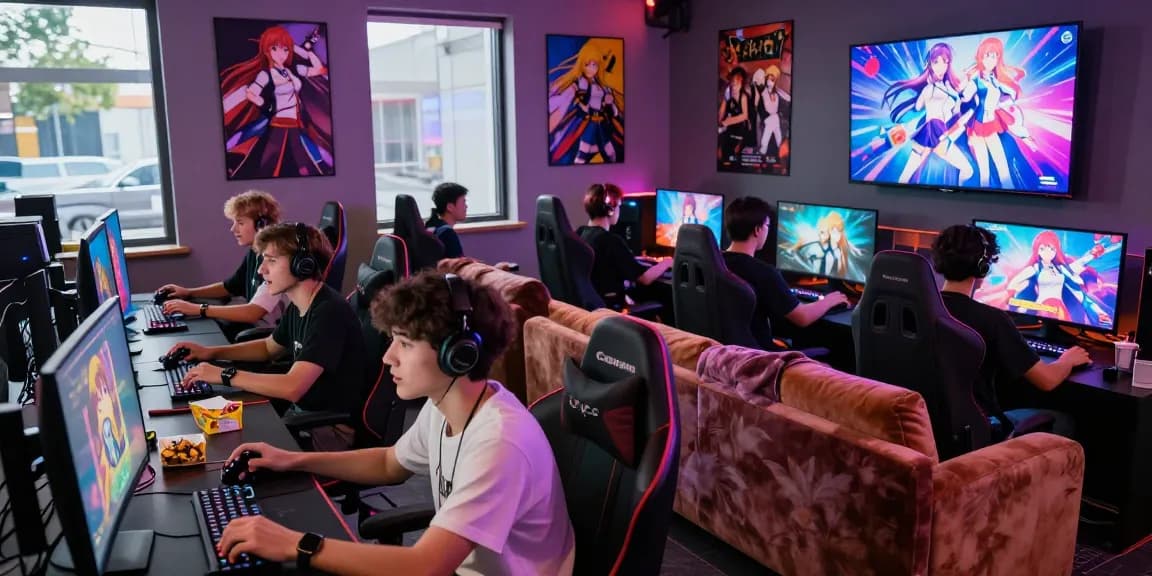 Exciting gaming lounge where players enjoy ecchi games, vibrant atmosphere, colorful lighting.