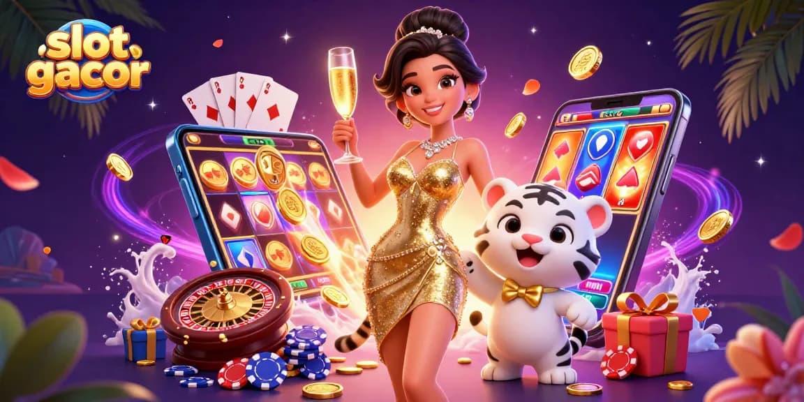 Rasakan kegembiraan dengan slot gacor saat wanita glamor merayakan di samping harimau keberuntungan dan permainan kasino yang cerah.
