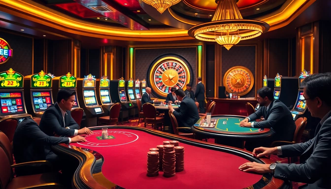 B29 casino players enjoying intense poker action at a luxurious gaming table.