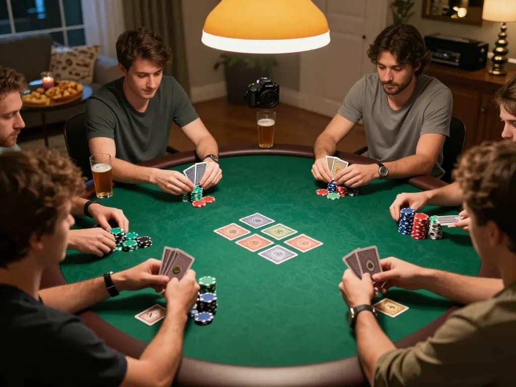 Poker players strategizing during a lively game night, conveying community and fun while focusing on nathanielmissildine-themed strategies.
