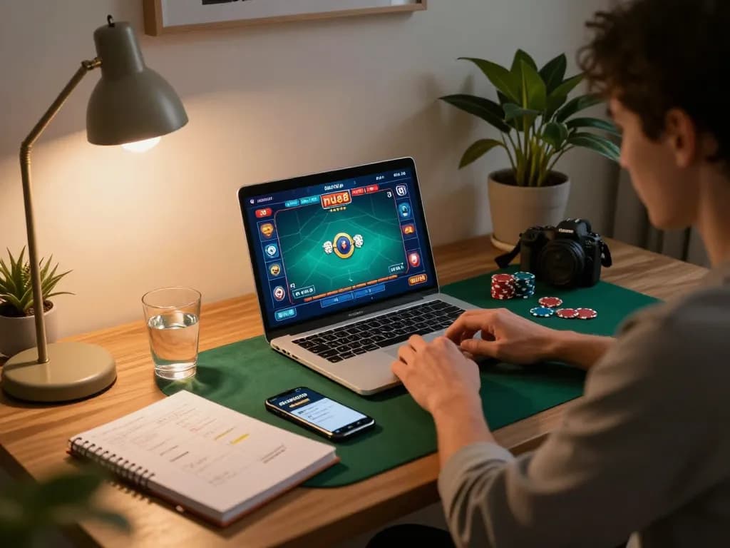 Player engaging with nhà cái mu88 online poker while strategizing at home.