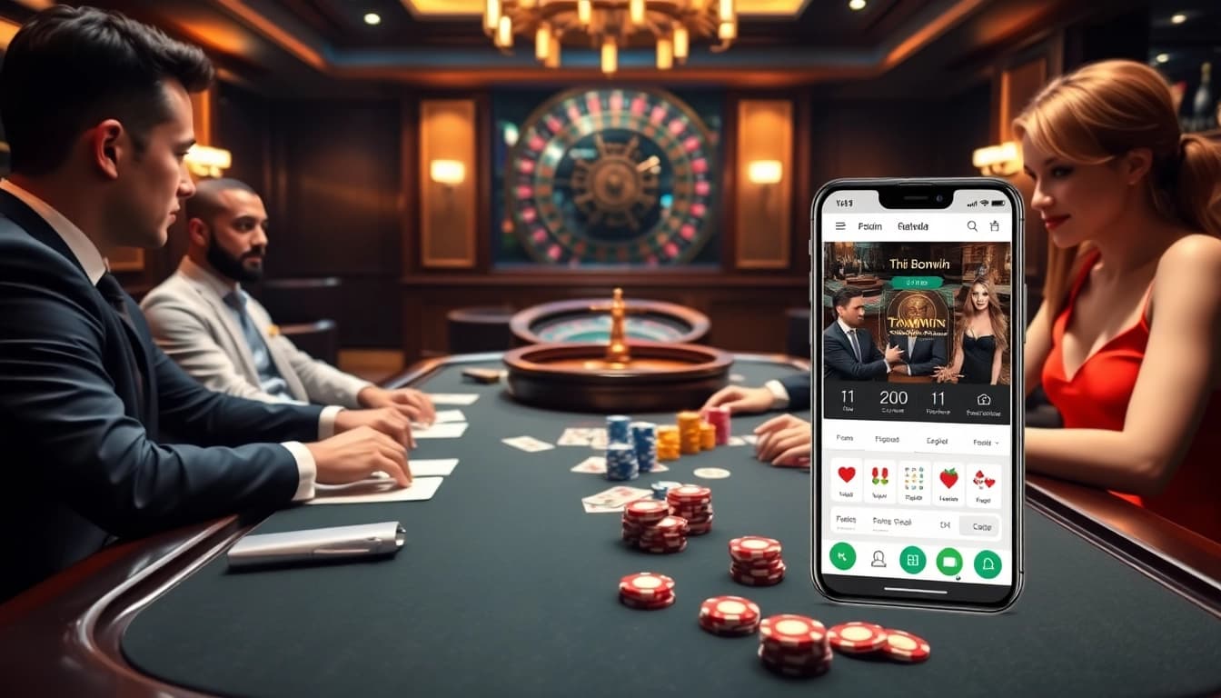 Tải Bomwin app interface displayed among thrilling poker game elements in a luxury casino setting.