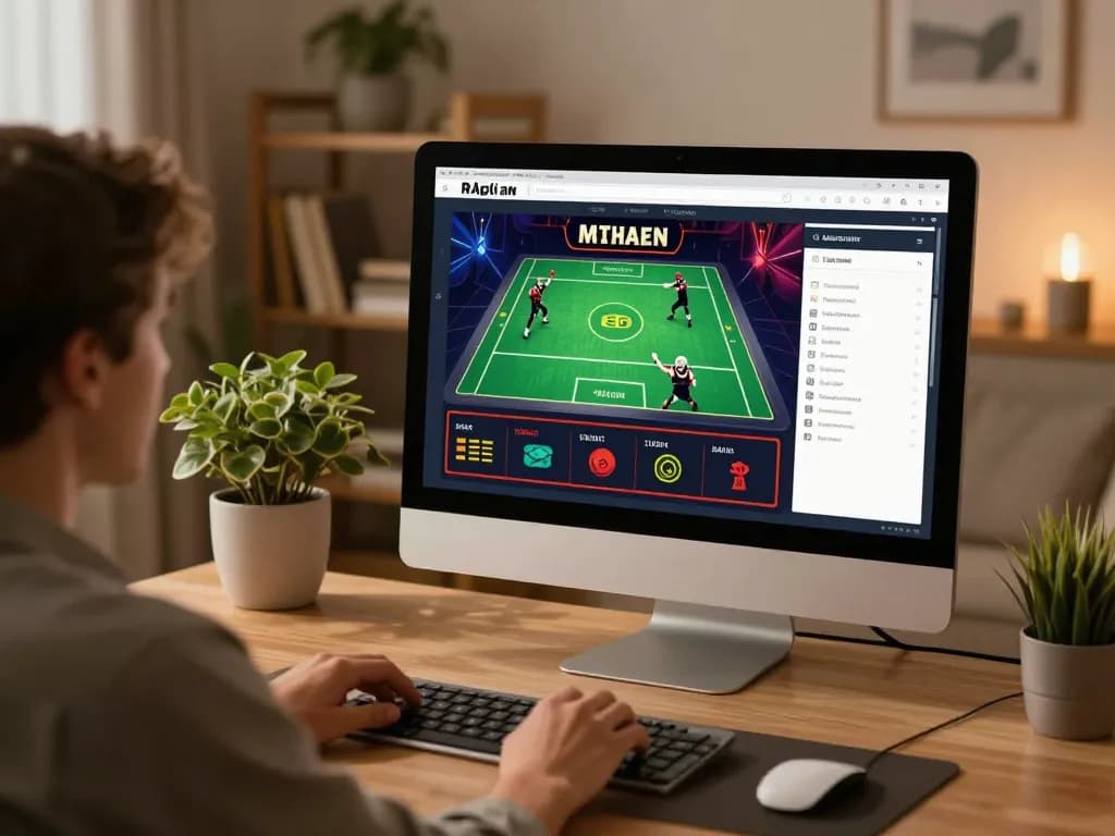 Player engaging with tr88 online casino games on dual screens in a cozy home office.