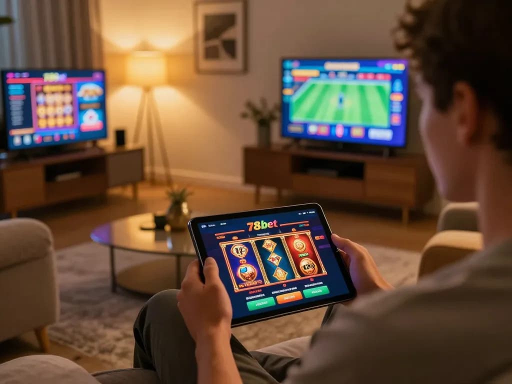 Engaged user exploring 789bet online casino platform on a tablet in a cozy setting.