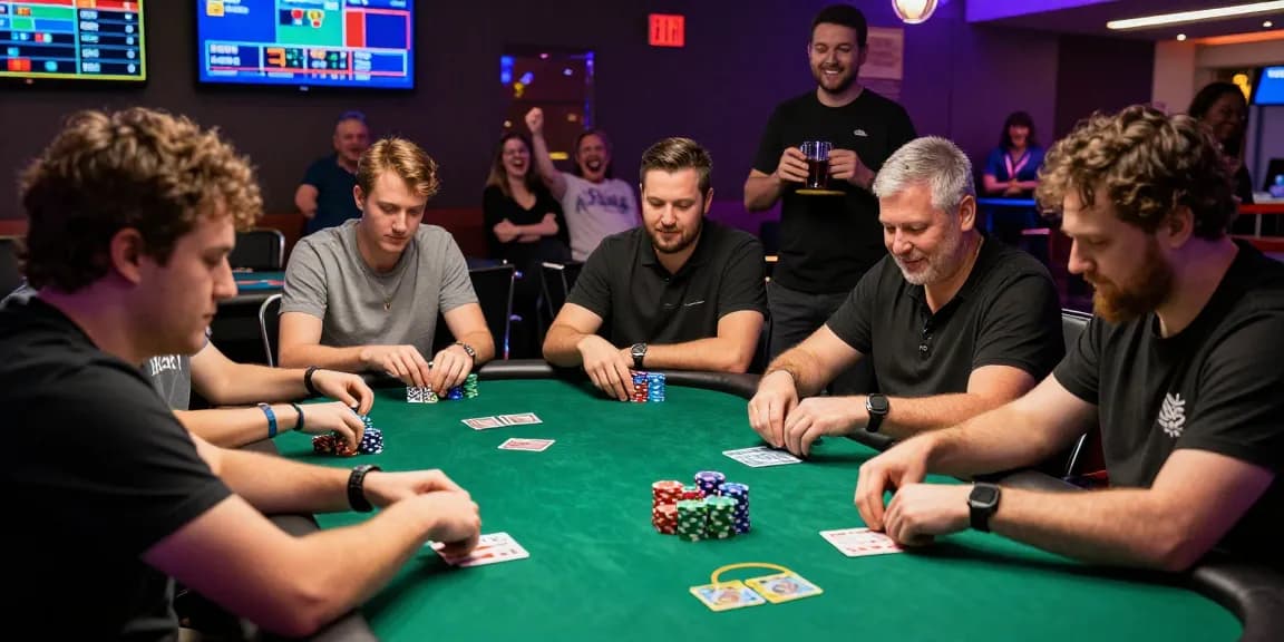Suasana permainan poker88 di kasino dengan pemain fokus dan suasana meriah