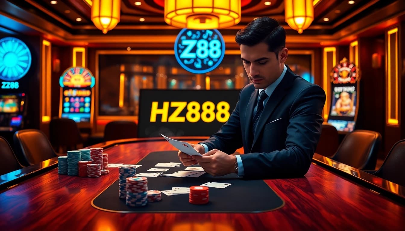 hz88 platform showcasing strategic poker gameplay with vibrant poker chips and digital casino interface