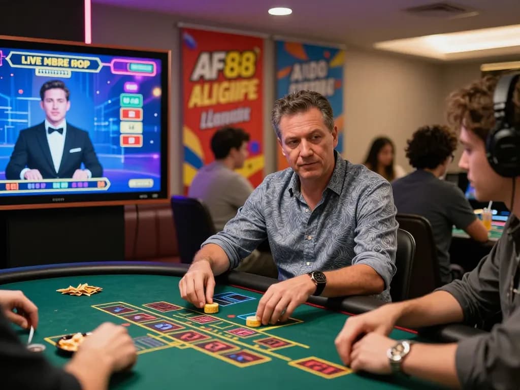 Engaging home casino scene with af88 đăng nhập on screen, friends enjoying live dealer games.