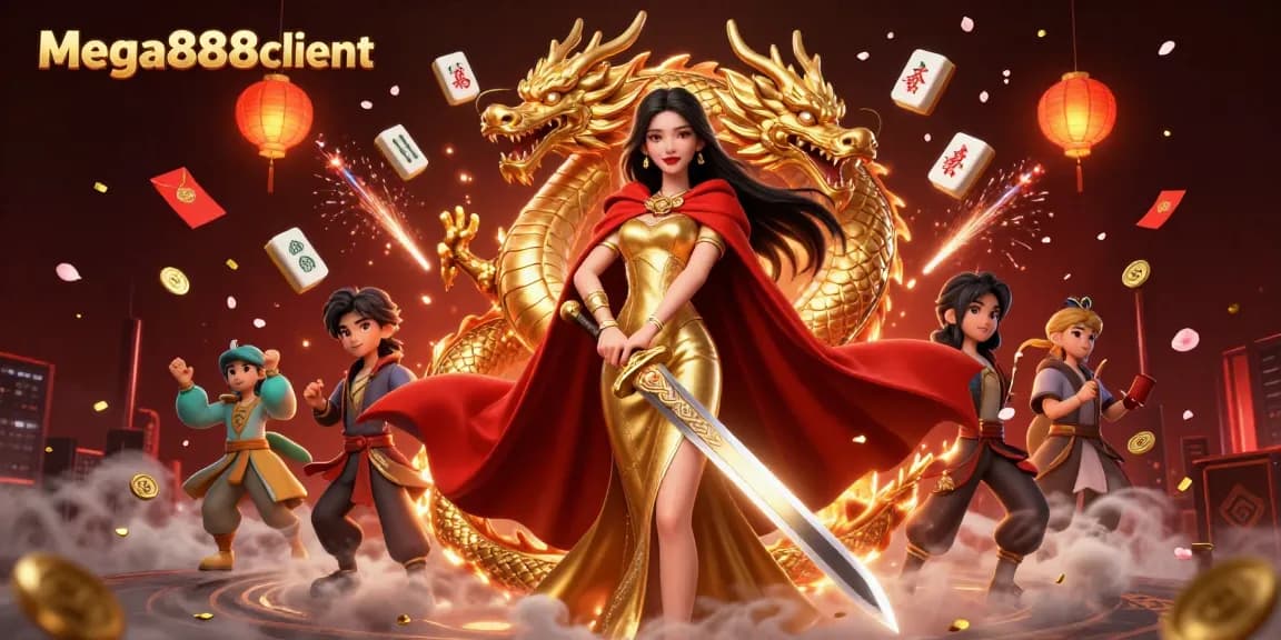 Engage with mega888client's stunning slots in this vibrant 3D casino illustration with exciting game elements.
