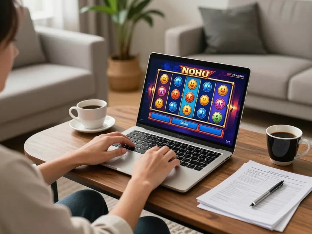 Engaging in nohu gaming with vibrant graphics on a laptop in a cozy living room setting.