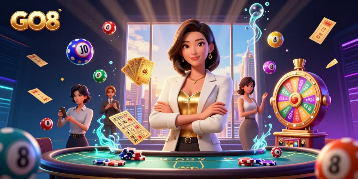 GO8 showcases a glamorous Asian businesswoman holding playing cards amidst vibrant casino elements and lottery games.