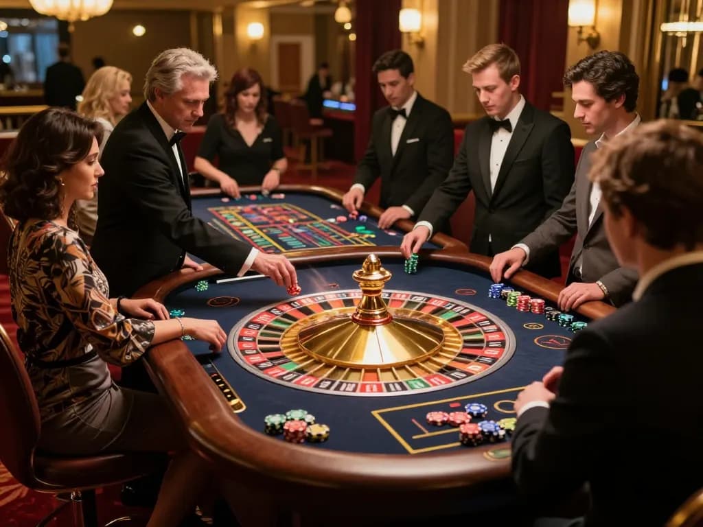 Players engaging in an exciting game of roulette at open 88 casino venue, illuminated by warm lighting.