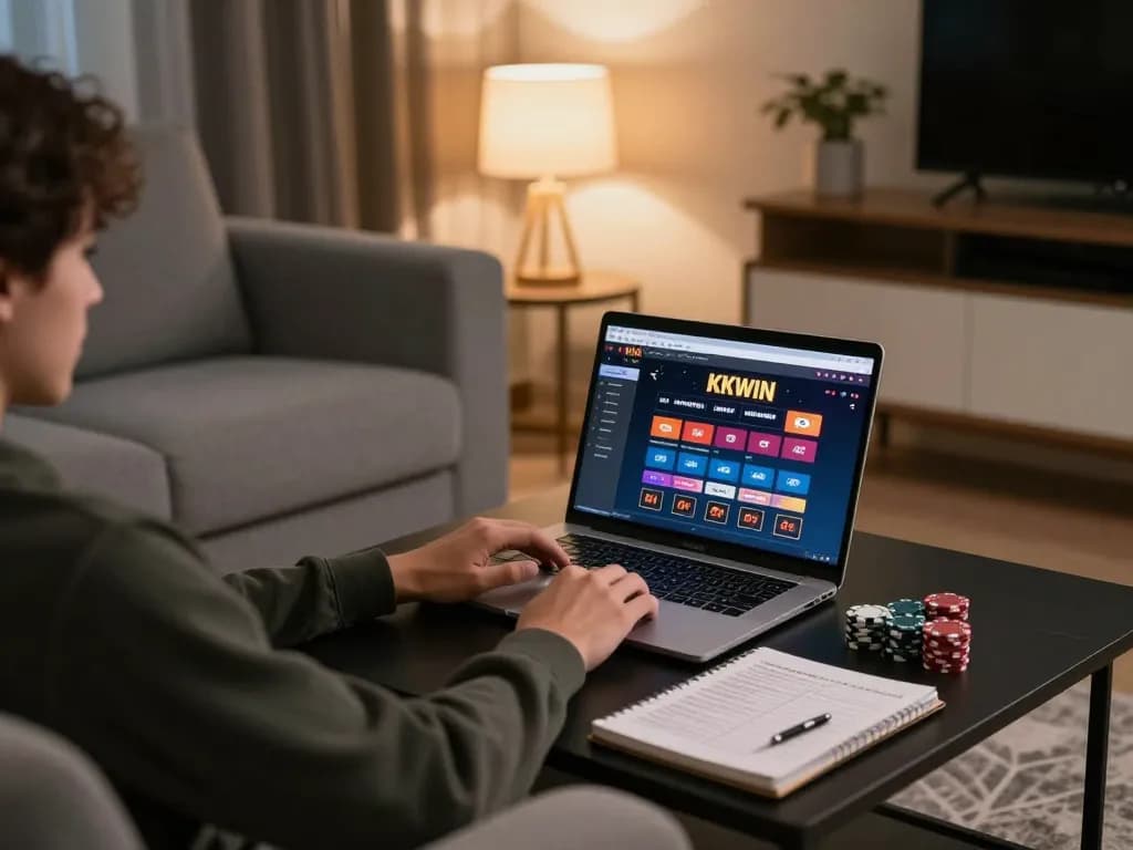 Engaging gaming moment at home with KKWIN interface displayed, highlighting responsible gambling.