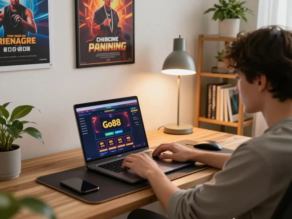 Engaging in online gaming at Go88 casino with a laptop setup and colorful decor, creating an inviting atmosphere.